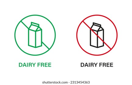 Dairy Free Line Icon Set. Dairy Stop Sign, Only Healthy Food. Cow Milk Lactose Forbidden Symbol. Free Dairy Diet Logo. No Lactose, Allergy Ingredient. Isolated Vector Illustration.