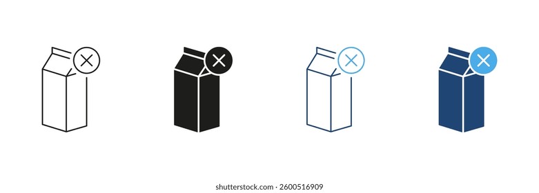 Dairy Free Line and Silhouette Icon Set. Milk Carton With Crossed Out Symbol. No Dairy Or Lactose Free Products. Editable Stroke. Isolated Vector Illustration.