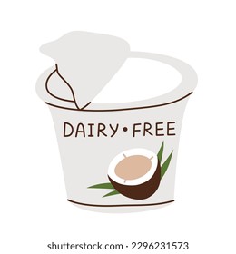 Dairy free yogurt cup, coconut based dessert icon, vector doodle illustration of healthy vegan snacks, probiotic-rich food to buy, isolated colored clipart on white background