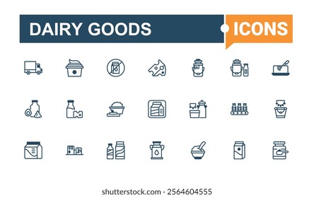 Dairy Goods linear icon collection. Featuring farm, Dairy, can, sour, ice cream, product, organic, drink. Solid line editable vector illustration.