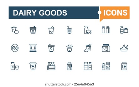 Dairy Goods linear icon collection. Featuring farm, Dairy, can, sour, ice cream, product, organic, drink. Solid line editable vector illustration.