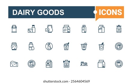 Dairy Goods linear icon collection. Featuring farm, Dairy, can, sour, ice cream, product, organic, drink. Solid line editable vector illustration.