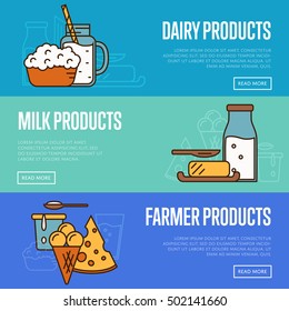 Dairy horizontal website templates with different milk products, vector illustrations in line style design. Traditional and healthy farmer products. Organic farming. Natural and healthy food.