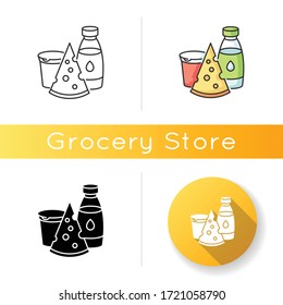 Dairy icon. Cheese slice. Milk in glass bottle. Yogurt in plastic container. Healthy and nutritious eating. Fresh lactose products. Linear black and RGB color styles. Isolated vector illustrations