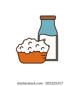 Dairy icon in line style design with cottage cheese on plate and glass bottle with milk, isolated vector illustration. Traditional and healthy products. Organic farming. Natural and healthy food