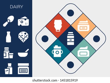 dairy icon set. 13 filled dairy icons.  Collection Of - Milk, Cream, Diary product, Baby food, Cheese, Scoop, Mayonnaise, Feeding bottle