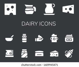 dairy icon set. 14 filled dairy icons.  Simple modern icons such as: Cheese, Jug, Baby food, Milk, Cream, Feeding bottle