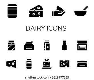 dairy icon set. 14 filled dairy icons.  Simple modern icons such as: Baby food, Cheese, Cream, Milk, Mousse