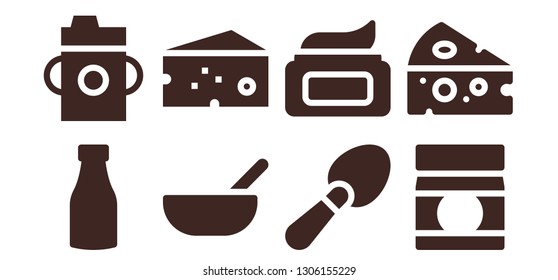 dairy icon set. 8 filled dairy icons.  Simple modern icons about  - Milk, Feeding bottle, Baby food, Cheese, Scoop, Cream
