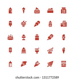 dairy icon set. Collection of 25 filled dairy icons included Panna cotta, Ice cream, Feeding bottle, Cows, Cream, Milk, Milk bottle