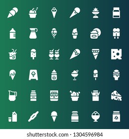 dairy icon set. Collection of 36 filled dairy icons included Milk box, Ice cream, Milk, Calcium, Cheese, Panna cotta, Jug, Icecream, Milk bottle, Yogurt, Cream, Pitcher, Feeding bottle