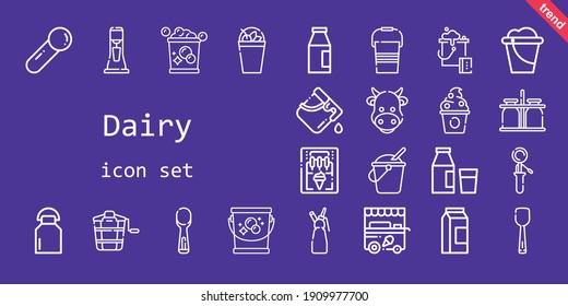 dairy icon set. line icon style. dairy related icons such as bucket, milkshake, whipped cream, scoop, ice cream cart, milk, ice cream machine, cow, milk jar, frozen yogurt