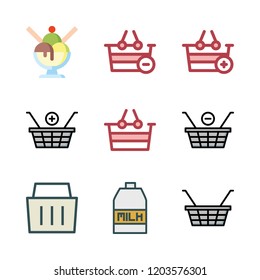 dairy icon set. vector set about ice cream, shopping basket and milk icons set.