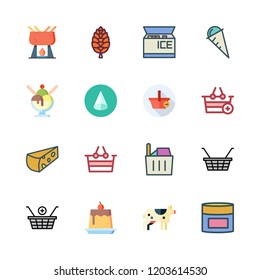 dairy icon set. vector set about cream, cheese, shopping basket and cow icons set.