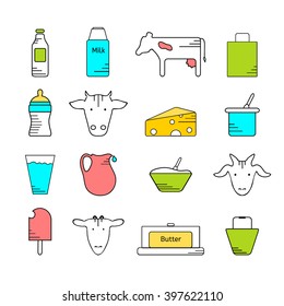 Dairy icons colored set. Line icons in color on white background. Logo and labels for farming and production. Icons for web, mobile and print.