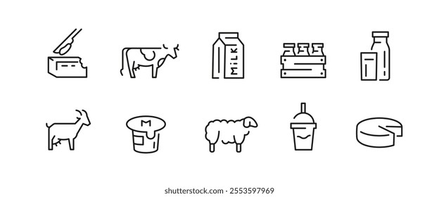 Dairy icons. Set of 10 dairy trendy minimal icons. Cow, Milk Carton, Cheese, Milk Bottle, Yogurt, Cream, Goat, Milkshake . Design signs for web page, mobile app, packaging design. Vector illustration