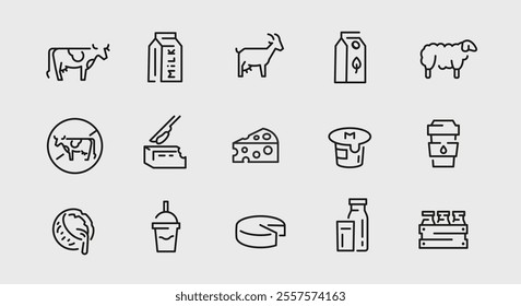 Dairy icons. Set of 15 dairy trendy minimal icons. Cow, Milk Carton, Cheese, Milk Bottle, Yogurt, Cream, Goat, Milkshake . Design signs for web page, mobile app, packaging design. Vector illustration