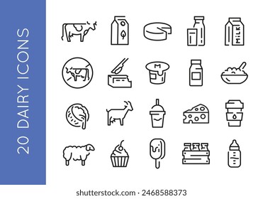 Iconos de lácteos. Conjunto de 20 iconos de moda de lácteos mínimos. Vaca, Cartón De Leche, Queso, Botella De Leche, Yogur, Crema, Cabra, Batido De Leche . Diseño de carteles para página de Web, App móvil, diseño de envases. Ilustración vectorial