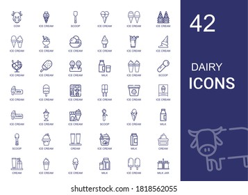 dairy icons set. Collection of dairy with cow, ice cream, scoop, milk, cream, milk jar, ox. Editable and scalable dairy icons.