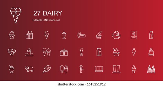 Dairy Icons Set. Collection Of Dairy With Cream, Ice Cream, Scoop, Ox, Milk, Milk Jar. Editable And Scalable Dairy Icons.