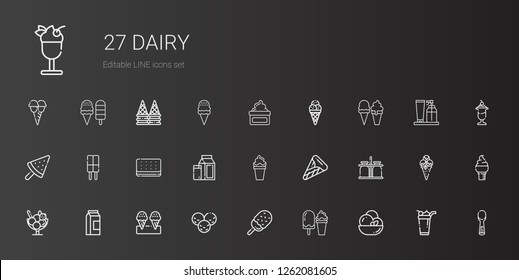 dairy icons set. Collection of dairy with ice cream, milk, milk jar, cream, scoop. Editable and scalable dairy icons.