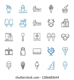 dairy icons set. Collection of dairy with ice cream, milk, milk jar, scoop, cream, cow. Editable and scalable dairy icons.