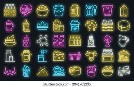 Dairy icons set. Outline set of dairy vector icons neon color on black