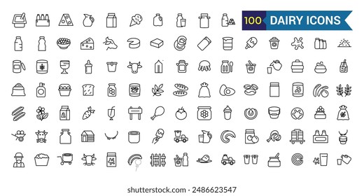 Dairy icons set. Outline set of dairy vector icons for ui design. Outline icon collection. Editable stroke.