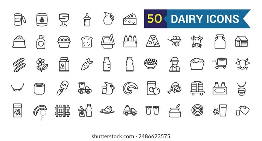 Dairy icons set. Outline set of dairy vector icons for ui design. Outline icon collection. Editable stroke.