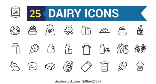 Dairy icons set. Outline set of dairy vector icons for ui design. Outline icon collection. Editable stroke.