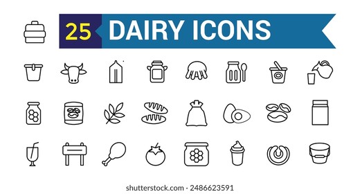 Dairy icons set. Outline set of dairy vector icons for ui design. Outline icon collection. Editable stroke.