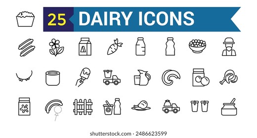 Dairy icons set. Outline set of dairy vector icons for ui design. Outline icon collection. Editable stroke.