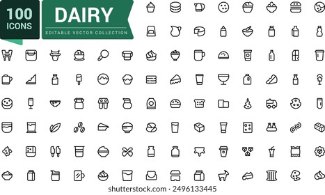Dairy icons set. Outline set of dairy vector icons for ui design. Outline icons pack. Editable vector line icon set and illustration for web and UI application.