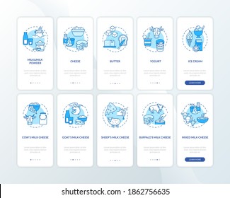 Dairy industry blue onboarding mobile app page screen with concepts set. Cheese production walkthrough 5 steps graphic instructions. UI vector template with RGB color illustrations pack