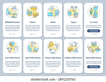 Dairy industry onboarding mobile app page screen with concepts set. Cheese production walkthrough 5 steps graphic instructions. UI vector template with RGB color illustrations pack