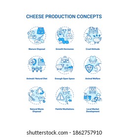 Dairy industry turquoise concept icons set. Livestock animal. Farm products. Cow milk. Cheese production idea thin line RGB color illustrations. Vector isolated outline drawings. Editable stroke
