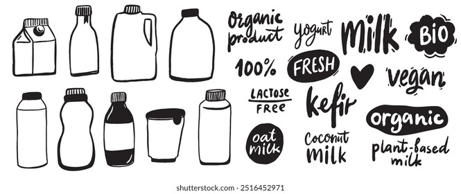 Garrafas de laticínios e produtos láteos sem lactose, formas diferentes e texto manuscrito. Leite vegetariano, nilo de coco à base de plantas, ayran, kefir. Desenhos à mão de embalagens e etiquetas, a preto e branco