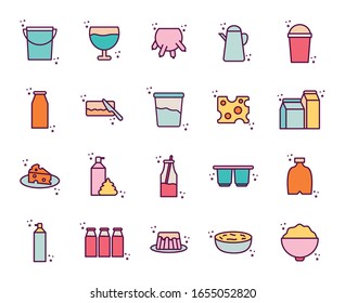 dairy line and fill style icon set design, breakfast food fresh natural healthy product calcium and nature theme Vector illustration