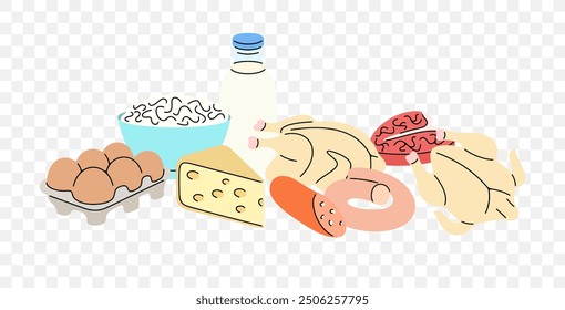 Productos lácteos y cárnicos, Diseño gráfico. Comida, comida, carne y comestibles, diseño e ilustración de Vector