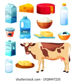 Dairy milk, cattle farm food products, flat icons