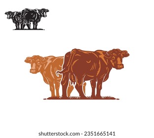 DAIRY MILK CATTLE STANDING POSTER, silhouette of great brown cow at farm vector illustrations.