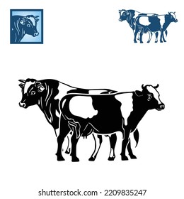 DAIRY MILK COW COUPLE LOGO, silhouette of healthy couple of cattle vector illustrations