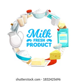 Milch- und Milchprodukte runden das Banner ab. Frischer sauer Sahne und Jogurt, ganz, gebackene und kondensierte Milch in Krug, Flasche und Glas, Hartkäse und Hüttenkäse, Buttervektor. Lebensmittelverpackung