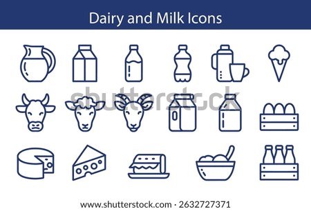 Dairy and Milk Icons Set – Vector Line Icons of Milk Products, Farm, Cow, Cheese, Bottle, and Organic Food.