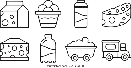 Dairy and Milk Product Icons, cheese, yogurt, bottle, food container, editable black stroke icon set