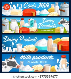 Dairy and milk products banners, farm cheese, butter and yogurt food, vector. Dairy farm agriculture food products, natural milk in pitcher jug, butter, cottage cheese, sour cream and yogurt