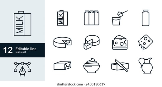 Dairy and milk products editable stroke outline icons set isolated on white background flat vector illustration.