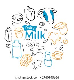 Dairy milk products of hand drawn doodle art items, vector illustration and simple design.