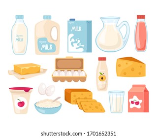 Dairy milk products isolated icon set. Vector flat cartoon graphic design illustration
