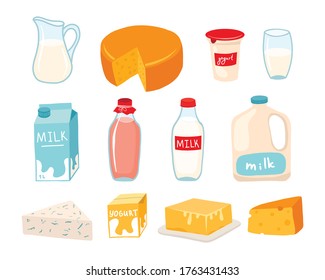 Conjunto de iconos aislados de productos lácteos. Queso, yogur, leche, kefir, mantequilla. Ilustración de diseño gráfico de dibujos animados planos vectoriales
